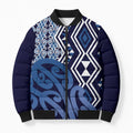 New Zealand Bomber Puffer Jacket Aotearoa Kowhaiwhai Mix Taniko Art - Blue - Aussie Hoodie