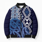 New Zealand Bomber Puffer Jacket Aotearoa Kowhaiwhai Mix Taniko Art - Blue - Aussie Hoodie