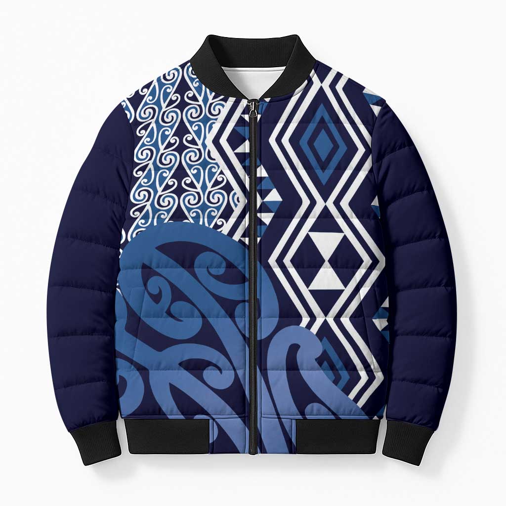 New Zealand Bomber Puffer Jacket Aotearoa Kowhaiwhai Mix Taniko Art - Blue - Aussie Hoodie