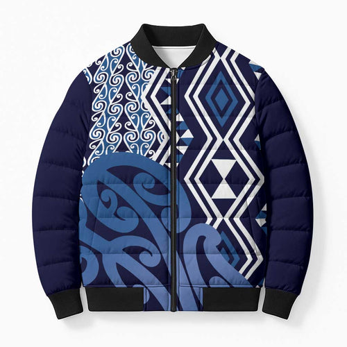 New Zealand Bomber Puffer Jacket Aotearoa Kowhaiwhai Mix Taniko Art - Blue - Aussie Hoodie