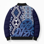New Zealand Bomber Puffer Jacket Aotearoa Kowhaiwhai Mix Taniko Art - Blue - Aussie Hoodie