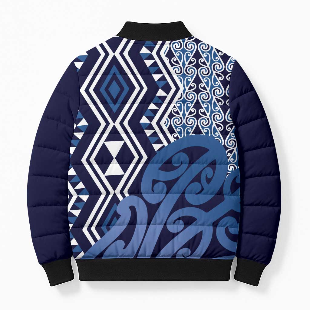 New Zealand Bomber Puffer Jacket Aotearoa Kowhaiwhai Mix Taniko Art - Blue - Aussie Hoodie