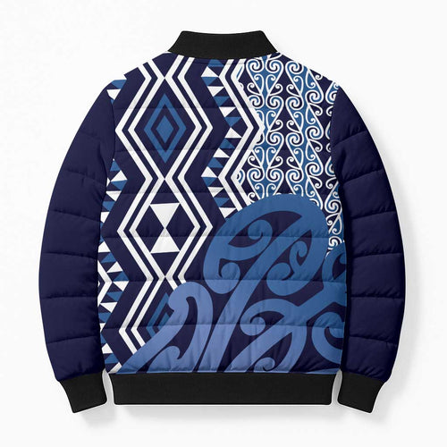New Zealand Bomber Puffer Jacket Aotearoa Kowhaiwhai Mix Taniko Art - Blue - Aussie Hoodie