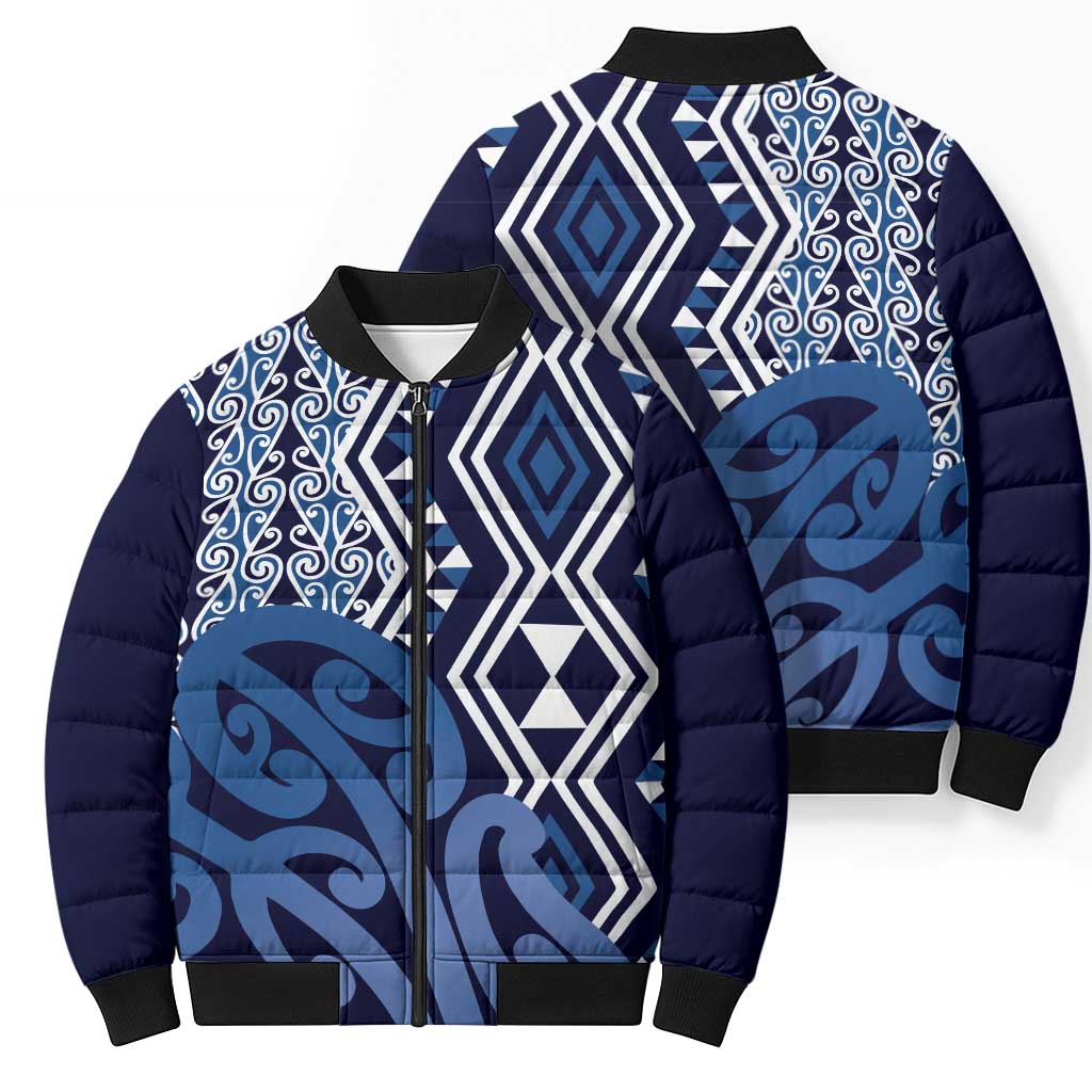 New Zealand Bomber Puffer Jacket Aotearoa Kowhaiwhai Mix Taniko Art - Blue - Aussie Hoodie
