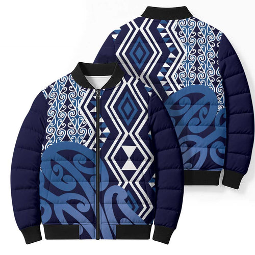 New Zealand Bomber Puffer Jacket Aotearoa Kowhaiwhai Mix Taniko Art - Blue - Aussie Hoodie