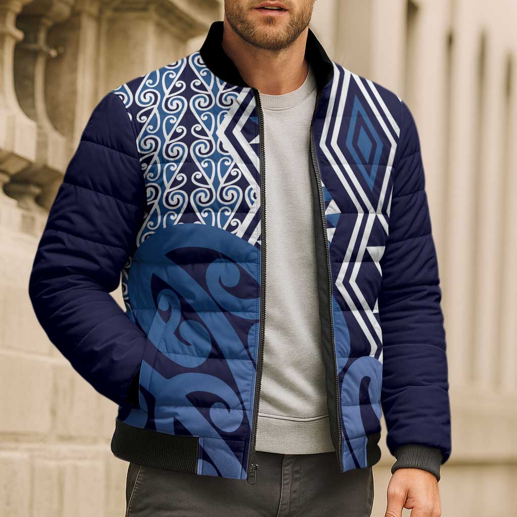 New Zealand Bomber Puffer Jacket Aotearoa Kowhaiwhai Mix Taniko Art - Blue - Aussie Hoodie