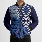 New Zealand Bomber Puffer Jacket Aotearoa Kowhaiwhai Mix Taniko Art - Blue - Aussie Hoodie