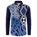 New Zealand Button Sweatshirt Aotearoa Kowhaiwhai Mix Taniko Art - Blue