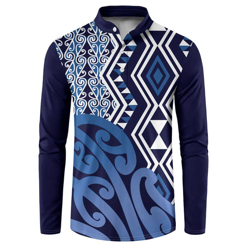 New Zealand Button Sweatshirt Aotearoa Kowhaiwhai Mix Taniko Art - Blue