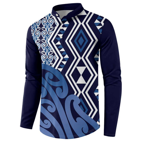 New Zealand Button Sweatshirt Aotearoa Kowhaiwhai Mix Taniko Art - Blue