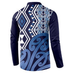 New Zealand Button Sweatshirt Aotearoa Kowhaiwhai Mix Taniko Art - Blue