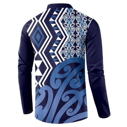 New Zealand Button Sweatshirt Aotearoa Kowhaiwhai Mix Taniko Art - Blue