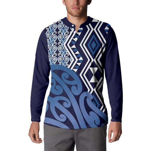 New Zealand Button Sweatshirt Aotearoa Kowhaiwhai Mix Taniko Art - Blue