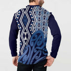 New Zealand Button Sweatshirt Aotearoa Kowhaiwhai Mix Taniko Art - Blue