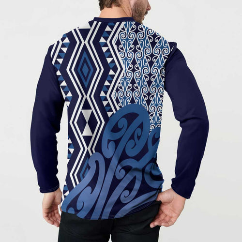 New Zealand Button Sweatshirt Aotearoa Kowhaiwhai Mix Taniko Art - Blue