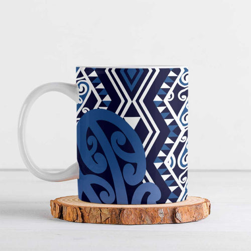 New Zealand Ceramic Mug Aotearoa Kowhaiwhai Mix Taniko Art - Blue - Aussie Hoodie
