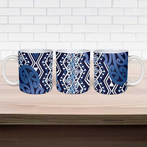 New Zealand Ceramic Mug Aotearoa Kowhaiwhai Mix Taniko Art - Blue - Aussie Hoodie