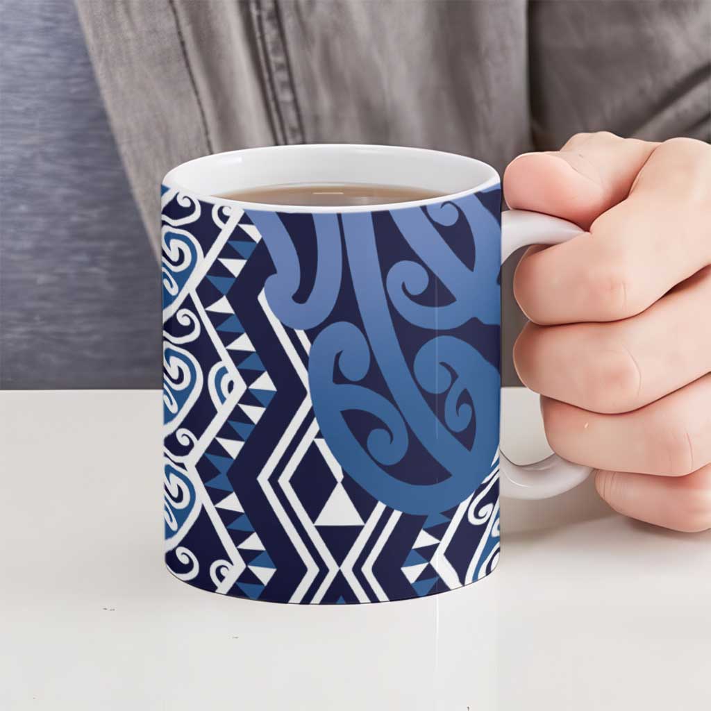 New Zealand Ceramic Mug Aotearoa Kowhaiwhai Mix Taniko Art - Blue - Aussie Hoodie