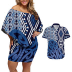 New Zealand Couples Matching Off Shoulder Short Dress and Hawaiian Shirt Aotearoa Kowhaiwhai Mix Taniko Art - Blue