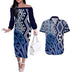 New Zealand Couples Matching Off The Shoulder Long Sleeve Dress and Hawaiian Shirt Aotearoa Kowhaiwhai Mix Taniko Art - Blue