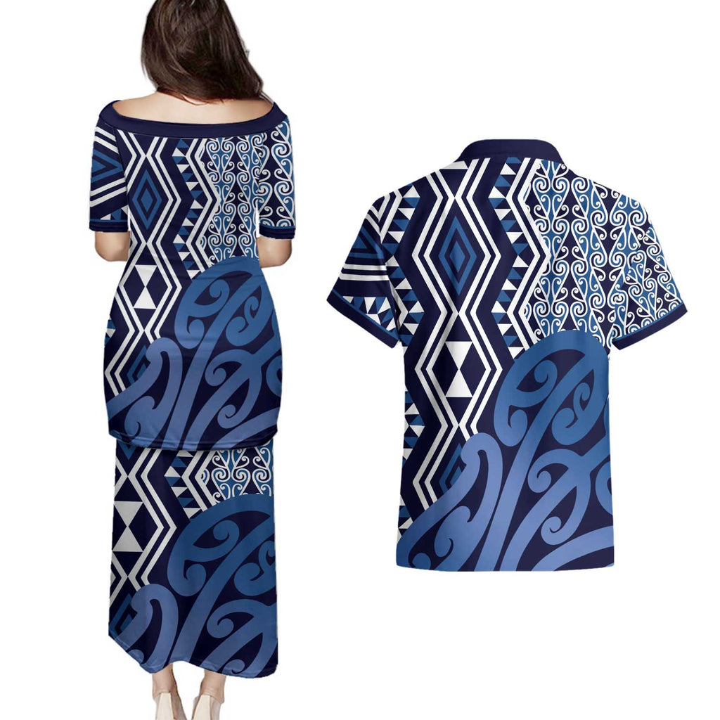 New Zealand Couples Matching Puletasi and Hawaiian Shirt Aotearoa Kowhaiwhai Mix Taniko Art - Blue