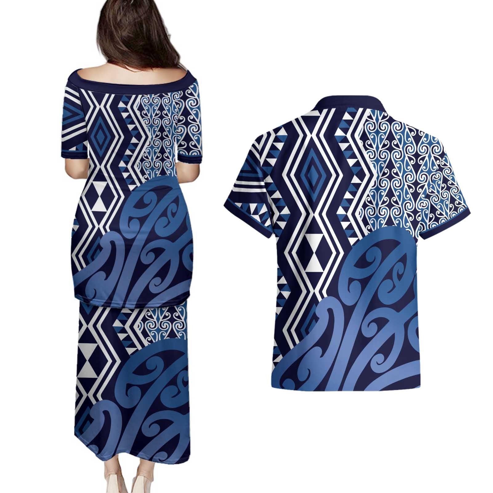 New Zealand Couples Matching Puletasi and Hawaiian Shirt Aotearoa Kowhaiwhai Mix Taniko Art - Blue