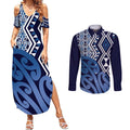 New Zealand Couples Matching Summer Maxi Dress and Long Sleeve Button Shirt Aotearoa Kowhaiwhai Mix Taniko Art - Blue