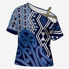 New Zealand Cross Shoulder Shirt Aotearoa Kowhaiwhai Mix Taniko Art - Blue - Aussie Hoodie