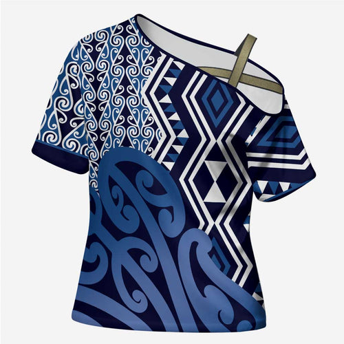 New Zealand Cross Shoulder Shirt Aotearoa Kowhaiwhai Mix Taniko Art - Blue - Aussie Hoodie