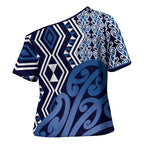 New Zealand Cross Shoulder Shirt Aotearoa Kowhaiwhai Mix Taniko Art - Blue - Aussie Hoodie