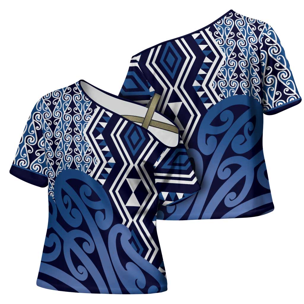 New Zealand Cross Shoulder Shirt Aotearoa Kowhaiwhai Mix Taniko Art - Blue - Aussie Hoodie