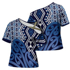 New Zealand Cross Shoulder Shirt Aotearoa Kowhaiwhai Mix Taniko Art - Blue - Aussie Hoodie