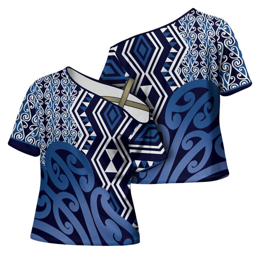 New Zealand Cross Shoulder Shirt Aotearoa Kowhaiwhai Mix Taniko Art - Blue - Aussie Hoodie