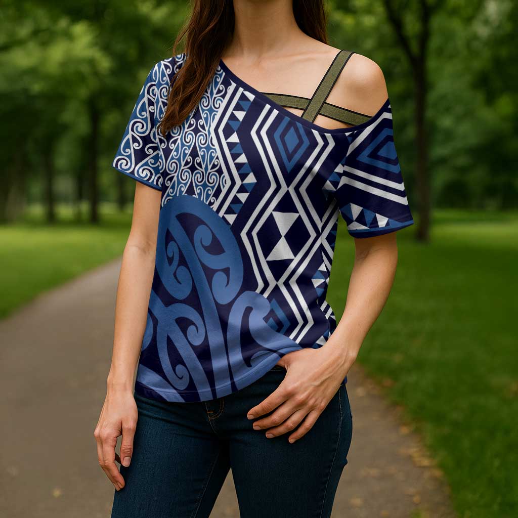 New Zealand Cross Shoulder Shirt Aotearoa Kowhaiwhai Mix Taniko Art - Blue - Aussie Hoodie