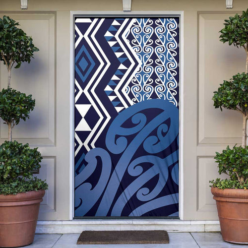New Zealand Door Cover Aotearoa Kowhaiwhai Mix Taniko Art - Blue - Aussie Hoodie