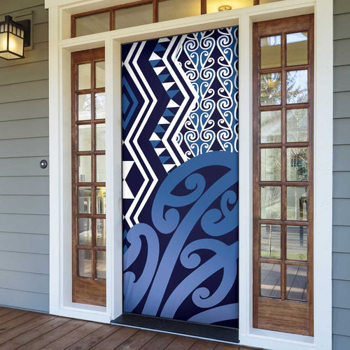 New Zealand Door Cover Aotearoa Kowhaiwhai Mix Taniko Art - Blue - Aussie Hoodie