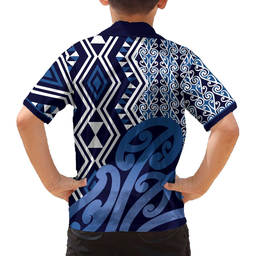 New Zealand Family Matching Off The Shoulder Long Sleeve Dress and Hawaiian Shirt Aotearoa Kowhaiwhai Mix Taniko Art - Blue