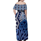 New Zealand Family Matching Off Shoulder Maxi Dress and Hawaiian Shirt Aotearoa Kowhaiwhai Mix Taniko Art - Blue