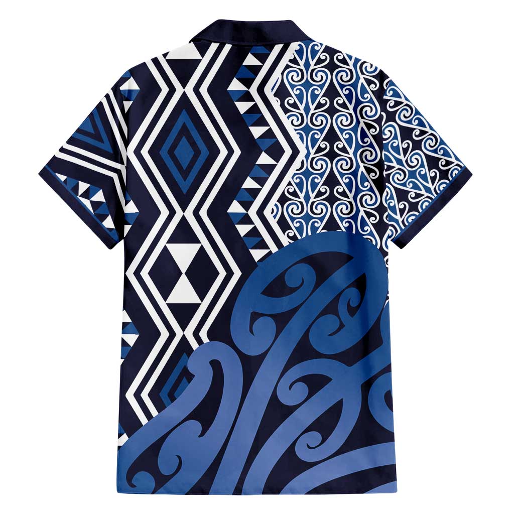 New Zealand Hawaiian Shirt Aotearoa Kowhaiwhai Mix Taniko Art - Blue