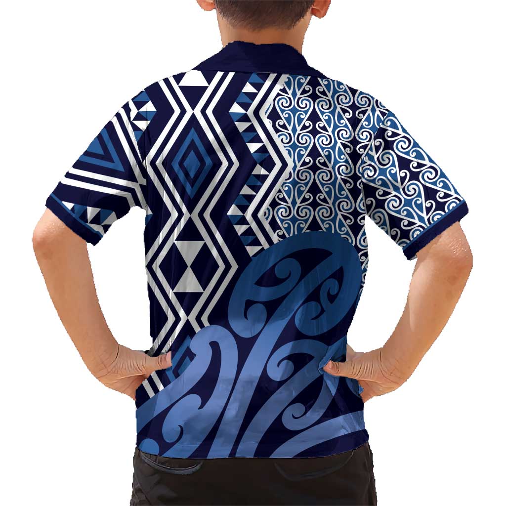 New Zealand Hawaiian Shirt Aotearoa Kowhaiwhai Mix Taniko Art - Blue