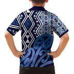 New Zealand Kid Hawaiian Shirt Aotearoa Kowhaiwhai Mix Taniko Art - Blue