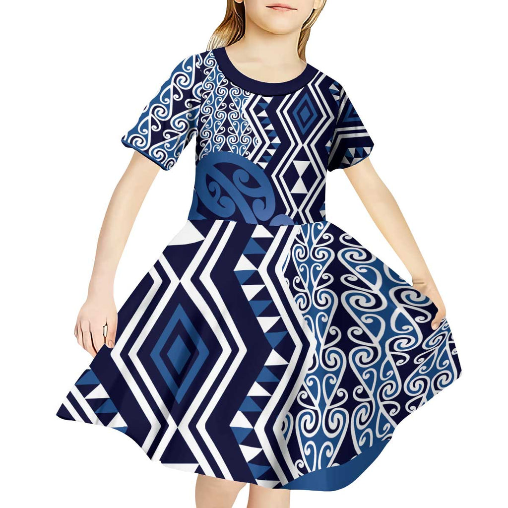 New Zealand Kid Short Sleeve Dress Aotearoa Kowhaiwhai Mix Taniko Art - Blue