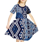 New Zealand Kid Short Sleeve Dress Aotearoa Kowhaiwhai Mix Taniko Art - Blue
