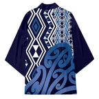 New Zealand Kimono Aotearoa Kowhaiwhai Mix Taniko Art - Blue - Aussie Hoodie