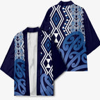 New Zealand Kimono Aotearoa Kowhaiwhai Mix Taniko Art - Blue - Aussie Hoodie