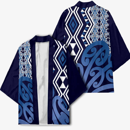 New Zealand Kimono Aotearoa Kowhaiwhai Mix Taniko Art - Blue - Aussie Hoodie