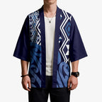 New Zealand Kimono Aotearoa Kowhaiwhai Mix Taniko Art - Blue - Aussie Hoodie