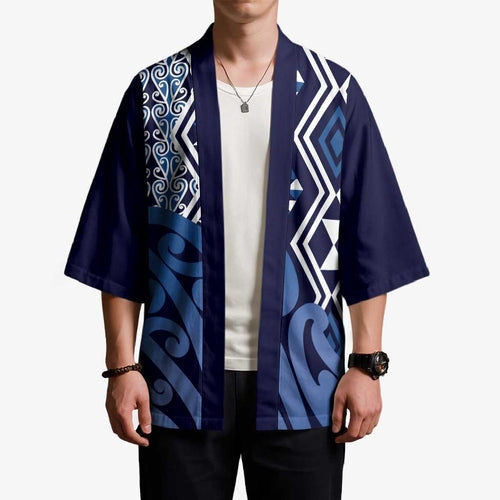 New Zealand Kimono Aotearoa Kowhaiwhai Mix Taniko Art - Blue - Aussie Hoodie
