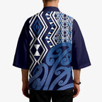 New Zealand Kimono Aotearoa Kowhaiwhai Mix Taniko Art - Blue - Aussie Hoodie