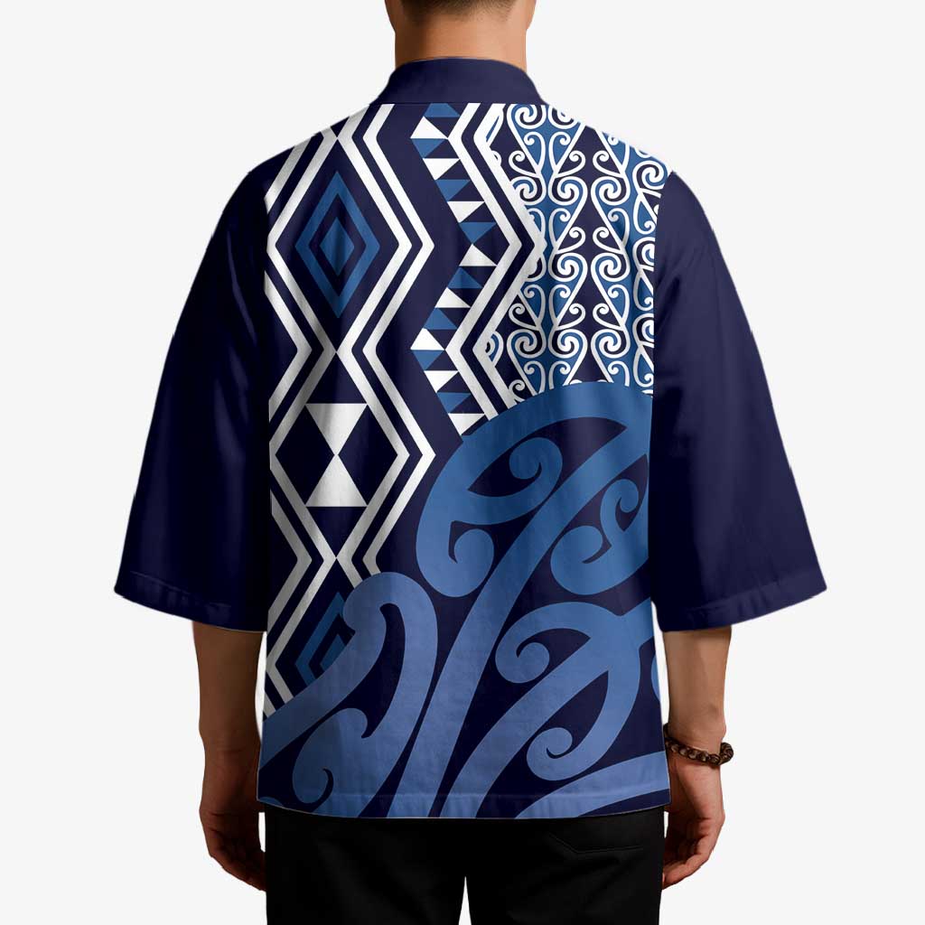 New Zealand Kimono Aotearoa Kowhaiwhai Mix Taniko Art - Blue - Aussie Hoodie